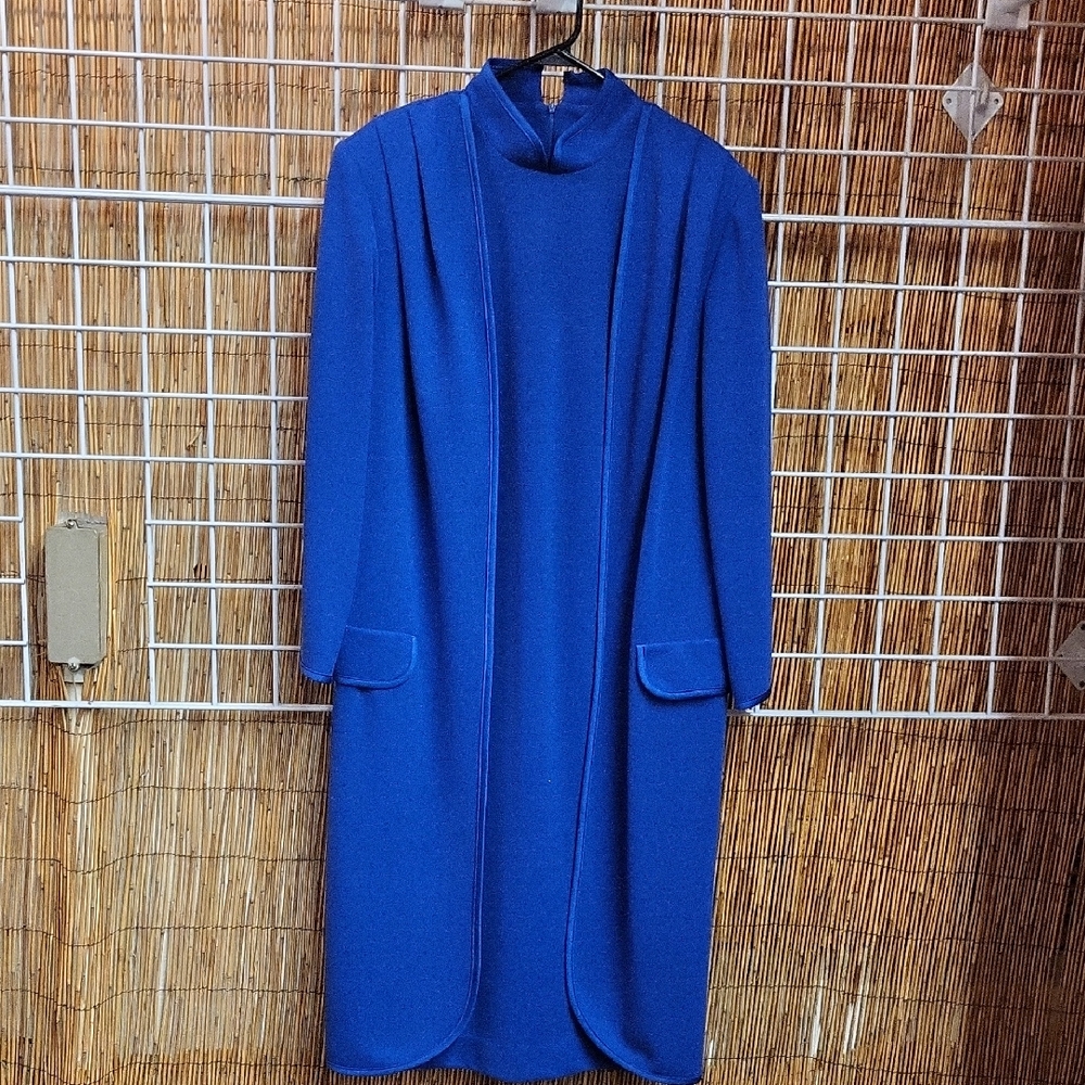 VTG. CLASSY Caron II Blue DRESS WITH BUILT OVERCOAT, SIZE 16